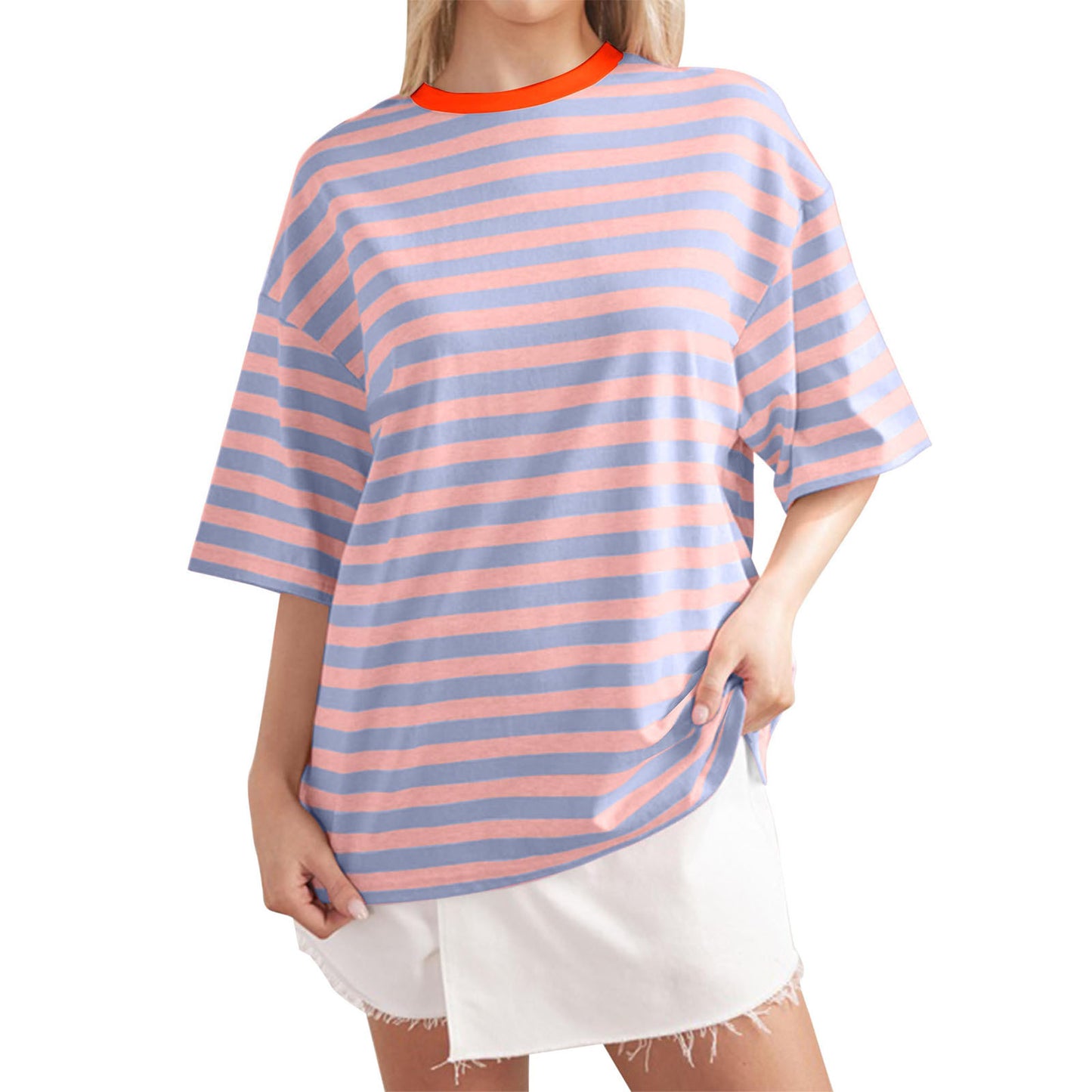 Frauen gestreifte Farbe beilÀufige lose Pullover Sommer Tops