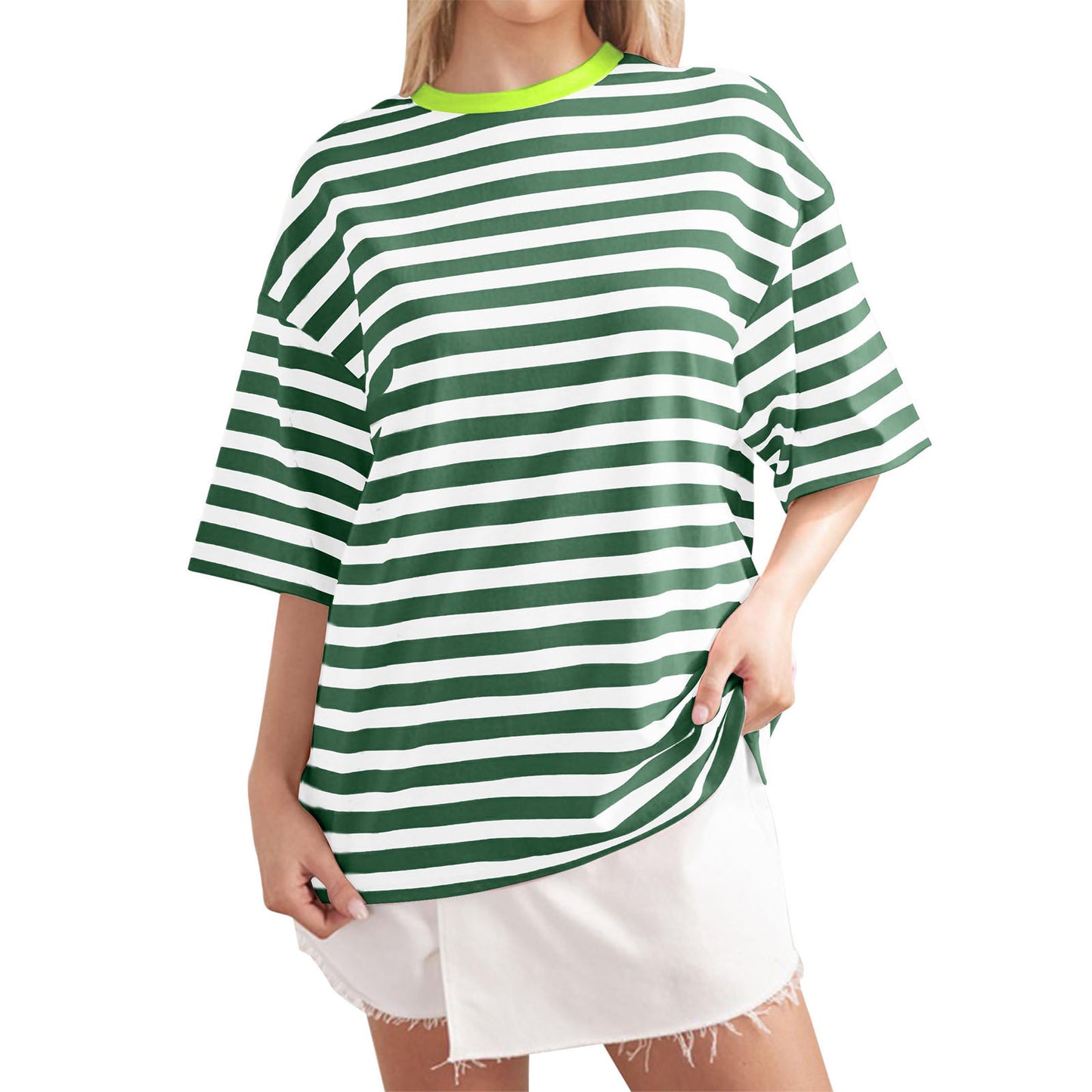 Frauen gestreifte Farbe beilÀufige lose Pullover Sommer Tops