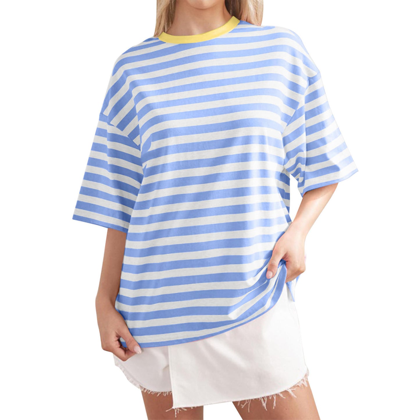 Frauen gestreifte Farbe beilÀufige lose Pullover Sommer Tops