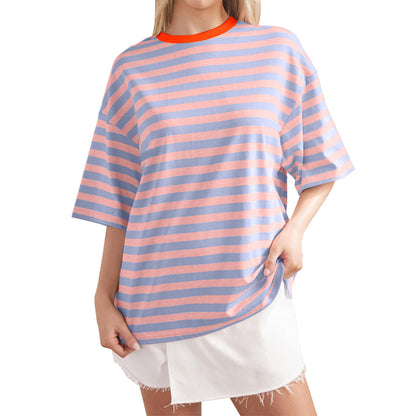 Frauen gestreifte Farbe beiläufige lose Pullover Sommer Tops 